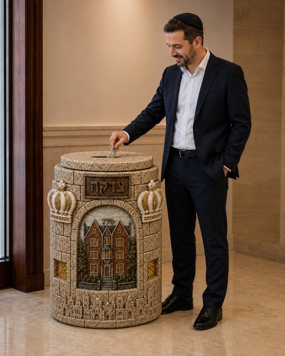Large custom floor-standing tzedakah box, 770 design, shown in a synagogue lobby